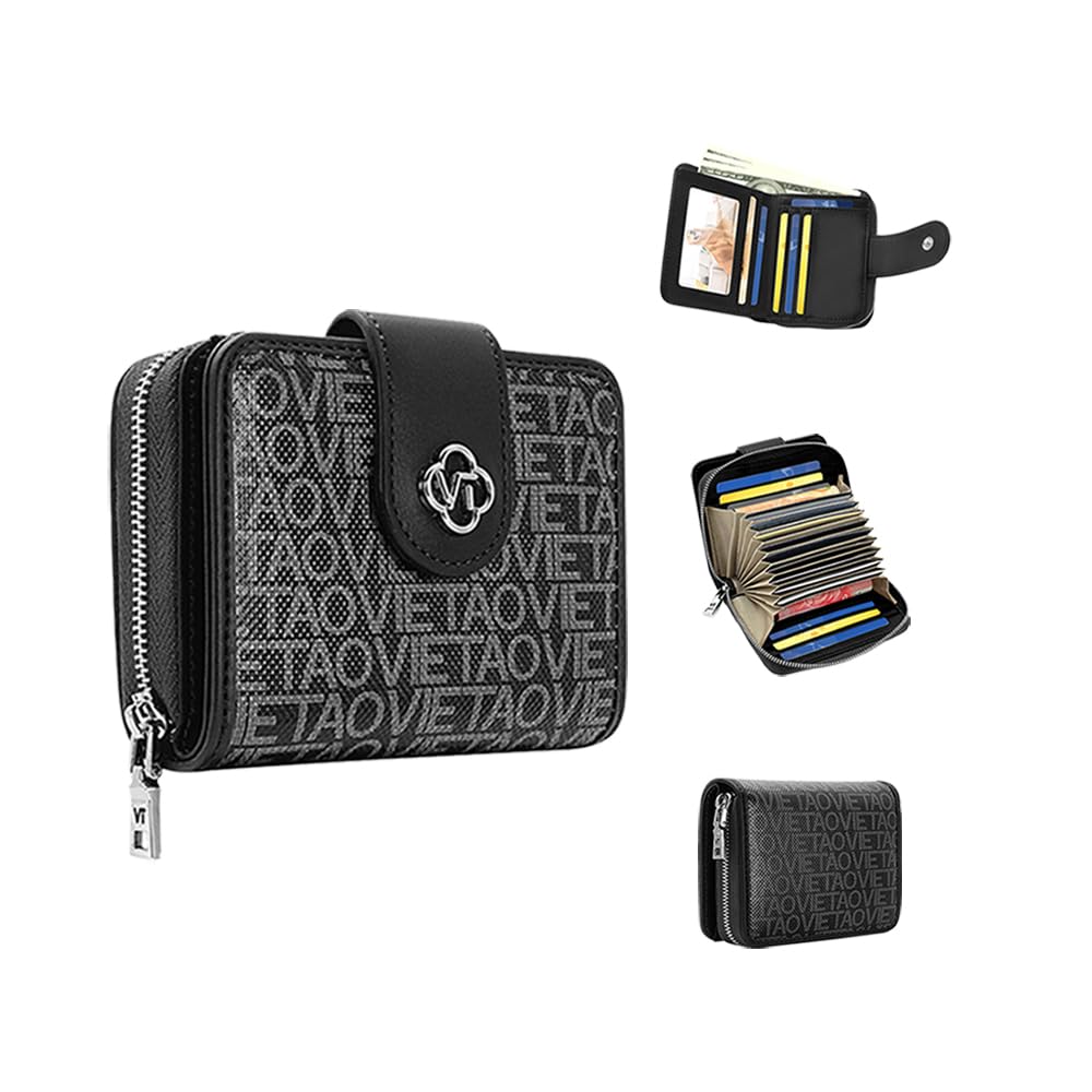 HOTCredit Card Wallets for Women, Leather Cardholder with Zipper Around, Small Rfid Ladies Wallet, Accordion Compact Bifold Purse for Travel, 19 Card Slots, ID Window, Cash Organizer - Black