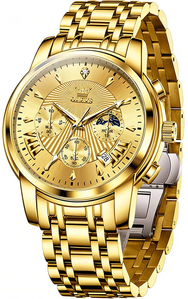 HOTOLEVS Mens Watches Luxury Waterproof Luminous Easy Read Chronograph Watches Full Gold/White Dail/Black Face with Calendar Wrist Watches