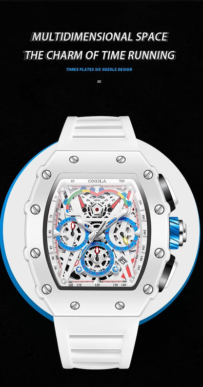 HOTFANMIS Fashion Hollowed Men Watches Tonneau Skeleton Dial Big Face 30M Water Resistant Chronograph Casual Watch with Silicone Strap Multifunctional Outdoor Sports Watch for Men’s