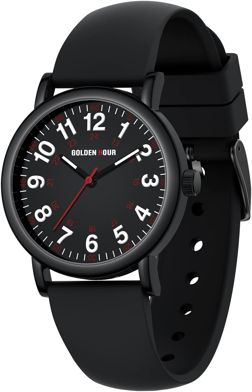 HOTGOLDEN HOUR Waterproof Nurse Watch for Medical Professionals, Students Women Men - Military Time Luminouse Easy Read Dial, 24 Hour with Second Hand, Colorful Silicone Band
