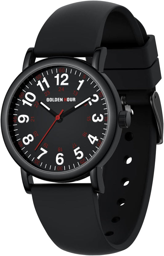 HOTGOLDEN HOUR Waterproof Nurse Watch for Medical Professionals, Students Women Men - Military Time Luminouse Easy Read Dial, 24 Hour with Second Hand, Colorful Silicone Band
