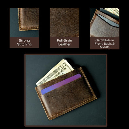 HOTHandmade Leather Card Holder Slim Wallet for Men or Women - Full Grain Chocolate Brown Leather