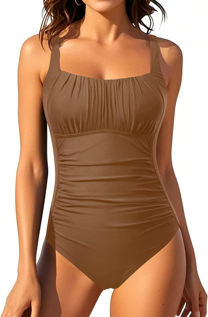 HOTOne Piece Bathing Suit for Women Tummy Control Vintage Swimsuit | Square Neck, Supportive Unremovable Cups, Ruched Design, Adjustable Straps, Full Coverage