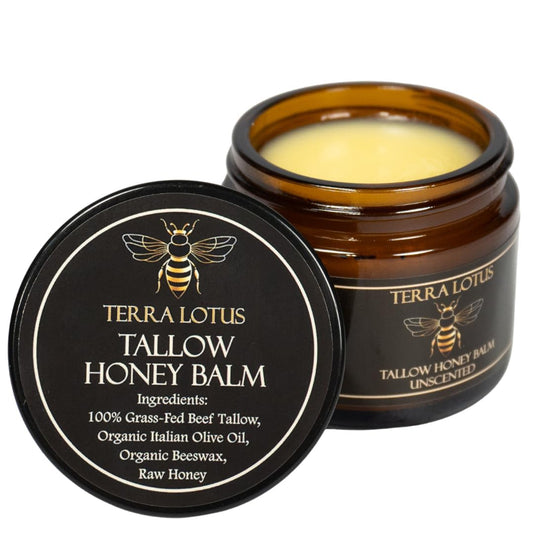 HOTTerra Lotus - Organic Grass-Fed Beef Tallow Balm with Raw Honey - Moisturizing Cream - Handmade All-Natural Moisturizer (2 Oz, Unscented)