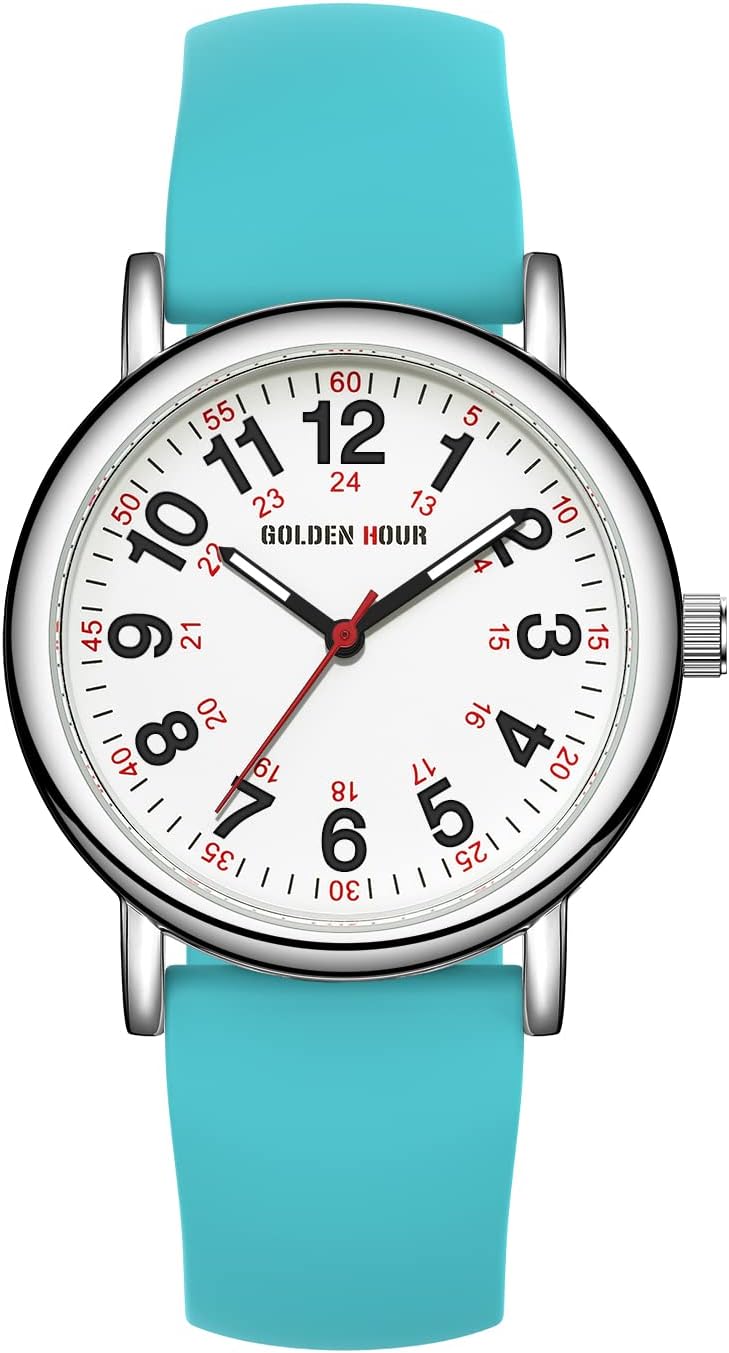 HOTGOLDEN HOUR Waterproof Nurse Watch for Medical Professionals, Students Women Men - Military Time Luminouse Easy Read Dial, 24 Hour with Second Hand, Colorful Silicone Band