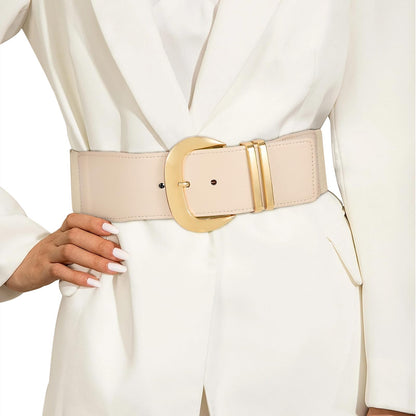 HOTWHIPPY Women Wide Elastic Waist Belt for Dresses Fashion Gold Buckle Stretchy Leather Waistband for Ladies