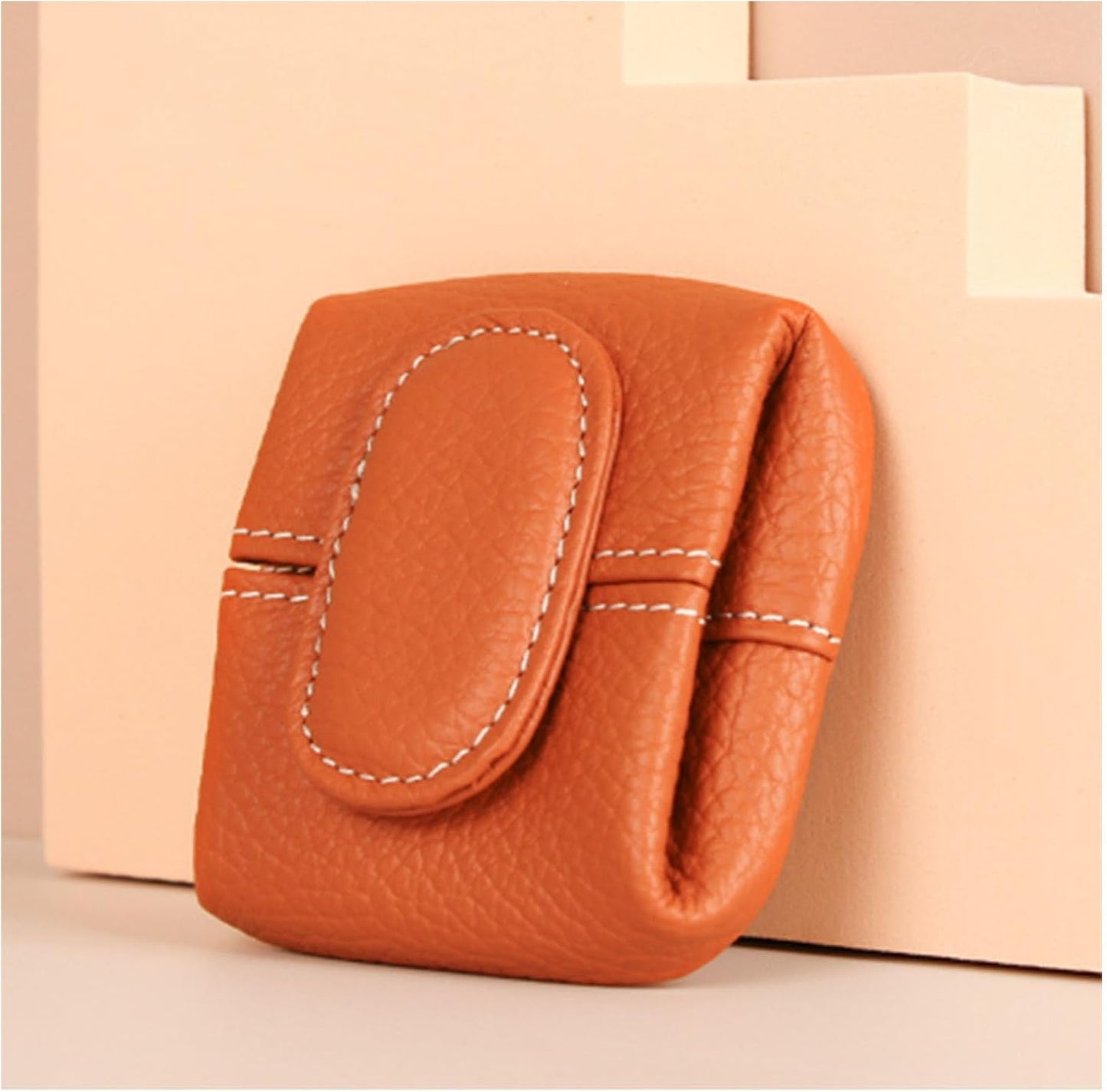 HOTMini Lychees Coin Purse, Small Leather Coin Pouch with Zipper & Keychain, Solid Color Mini Wallet for Women & Men (Brown)