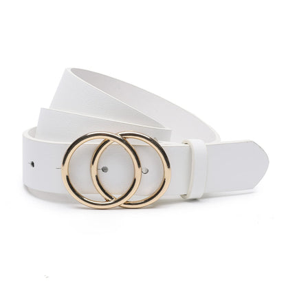 HOTEarnda Women's Leather Belt Fashion Gold Buckle Waist Belts for Jeans Dress | 1.3 in Wide, Soft Faux Leather, Trendy Double O-Ring Shapes Buckle, for Dress Blouse Sweater or Coats Daily Outfits