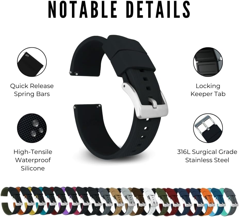 HOTBARTON Elite Silicone Watch Bands - Quick Release - Choose Strap Color & Buckle Color (Stainless Steel, Black PVD or Gunmetal Grey) - 18mm, 20mm, 22mm & 24mm Watch Straps