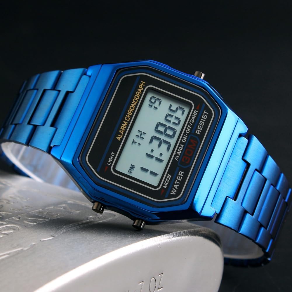HOTPASOY Men's Digital Gold Stainless Steel Watch Backlit Multifunction Stopwatch Waterproof Sport Watches