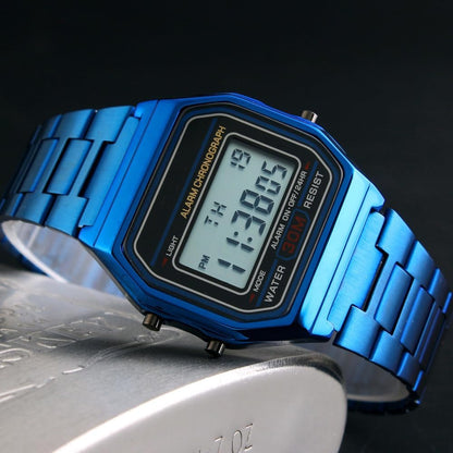 HOTPASOY Men's Digital Gold Stainless Steel Watch Backlit Multifunction Stopwatch Waterproof Sport Watches