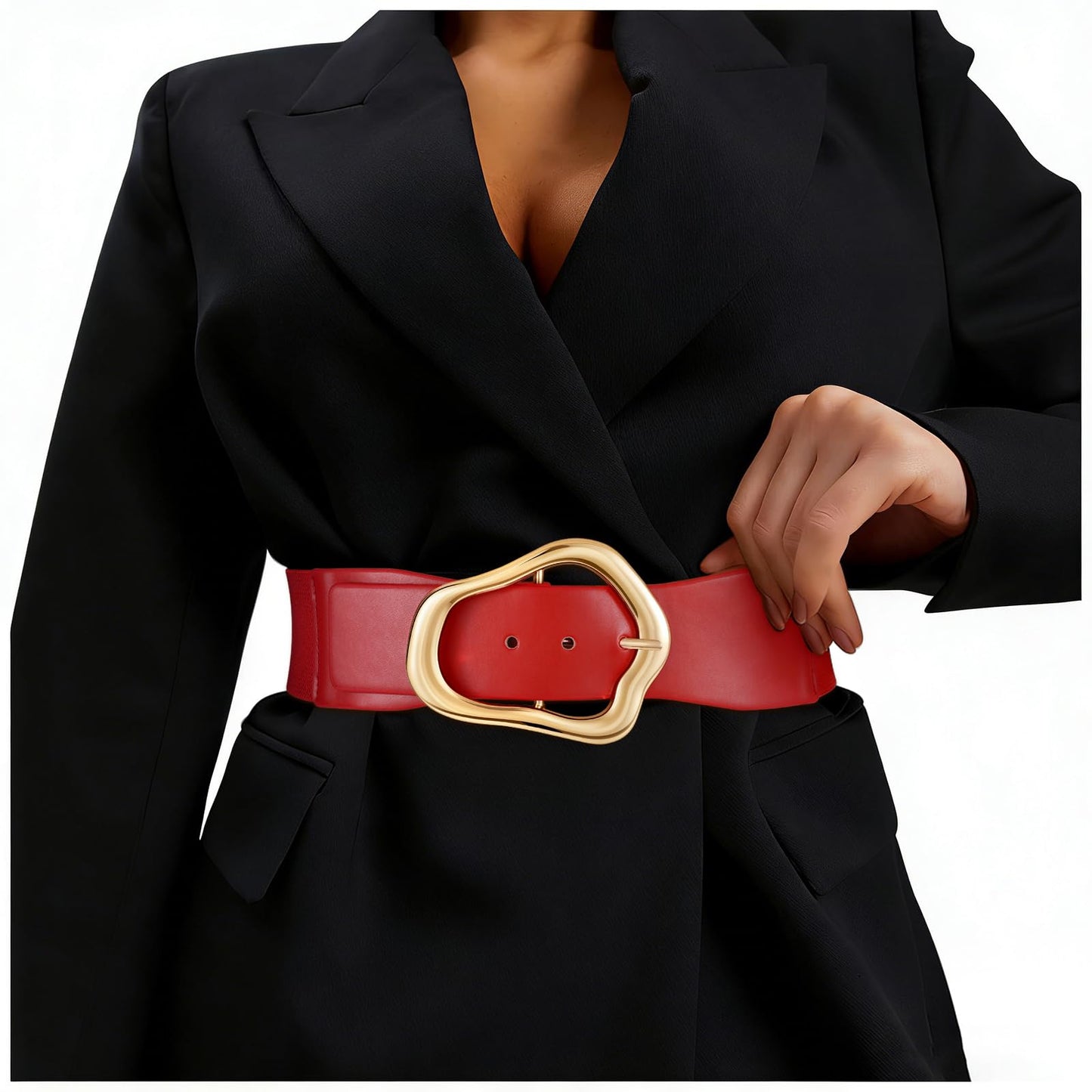HOTXZQTIVE Women Wide Elastic Waist Belt for Dresses Fashion Big Gold Buckle Stretchy Leather Waistband for Ladies