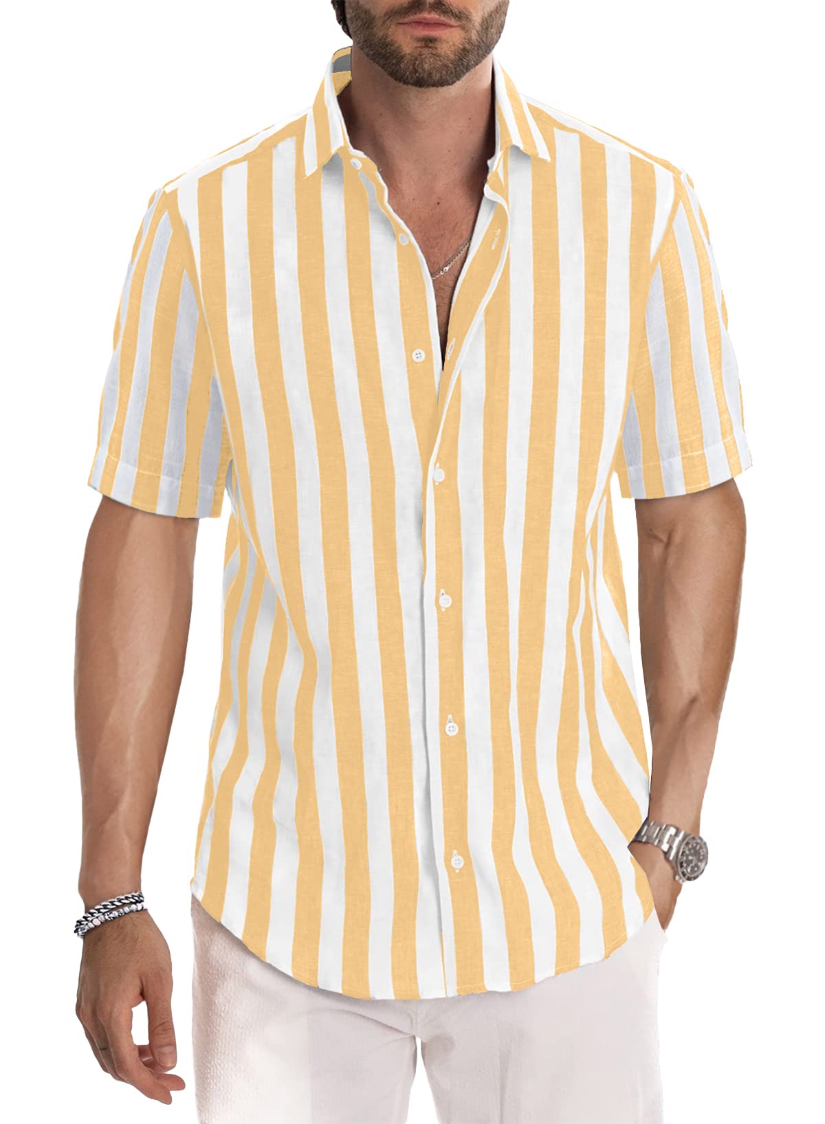 HOTJMIERR Men's Casual Stylish Short Sleeve Button-Up Striped Dress Shirt Cotton Beach Shirts