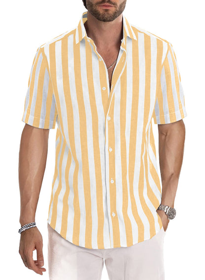 HOTJMIERR Men's Casual Stylish Short Sleeve Button-Up Striped Dress Shirt Cotton Beach Shirts