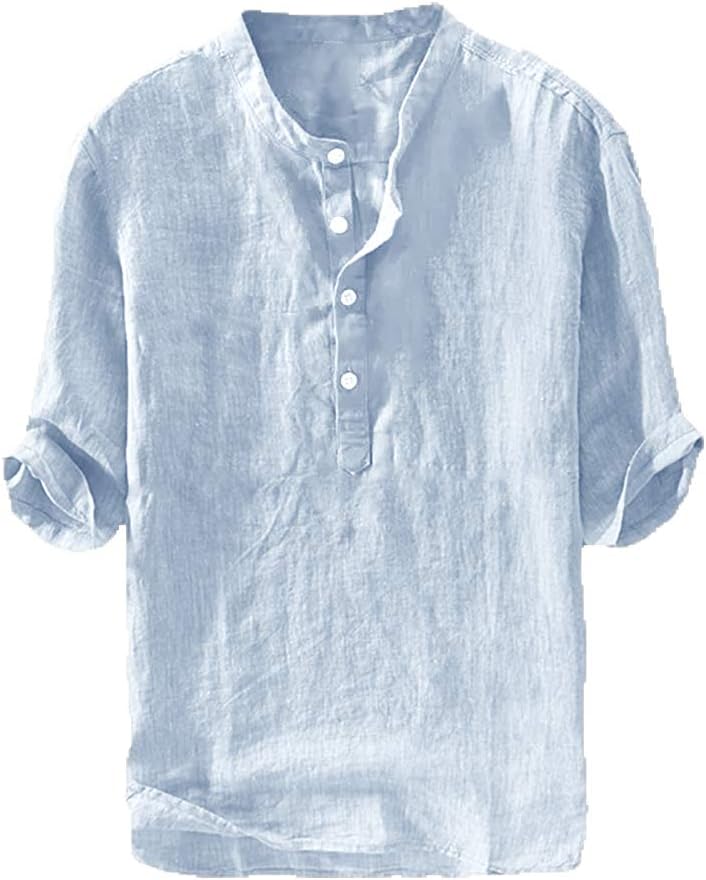 HOTRyannology Mens Linen Shirts Casual Cotton 3/4 Sleeve Regular-Fit Henley T-Shirt Summer Lightweight Beach Yoga Tops