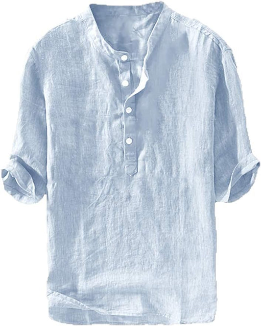 HOTRyannology Mens Linen Shirts Casual Cotton 3/4 Sleeve Regular-Fit Henley T-Shirt Summer Lightweight Beach Yoga Tops