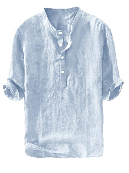 HOTRyannology Mens Linen Shirts Casual Cotton 3/4 Sleeve Regular-Fit Henley T-Shirt Summer Lightweight Beach Yoga Tops
