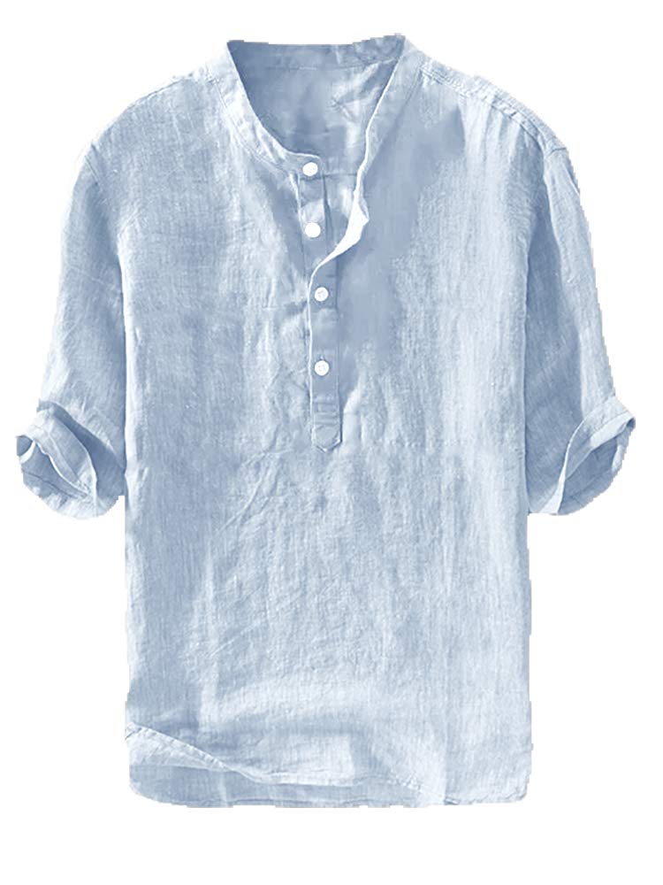 HOTRyannology Mens Linen Shirts Casual Cotton 3/4 Sleeve Regular-Fit Henley T-Shirt Summer Lightweight Beach Yoga Tops