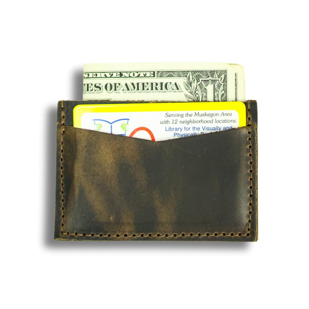 HOTHandmade Leather Card Holder Slim Wallet for Men or Women - Full Grain Chocolate Brown Leather