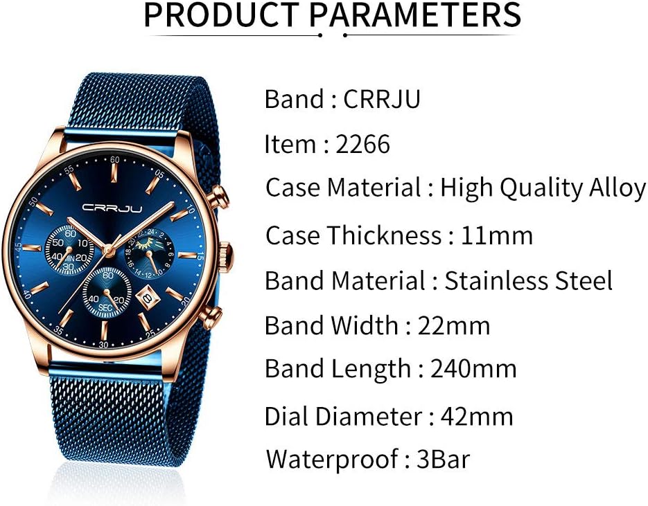 HOTCRRJU Men's Fashion Casual Watches Auto Date Chronograph Watch Men Nice Work Watches Waterproof 30M Full Steel Quartz with Mesh Strap