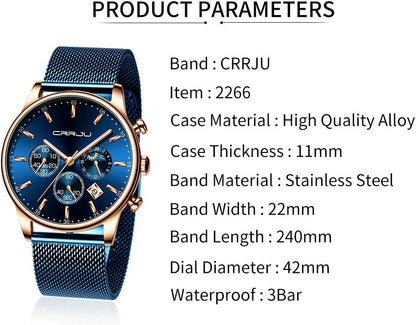 HOTCRRJU Men's Fashion Casual Watches Auto Date Chronograph Watch Men Nice Work Watches Waterproof 30M Full Steel Quartz with Mesh Strap