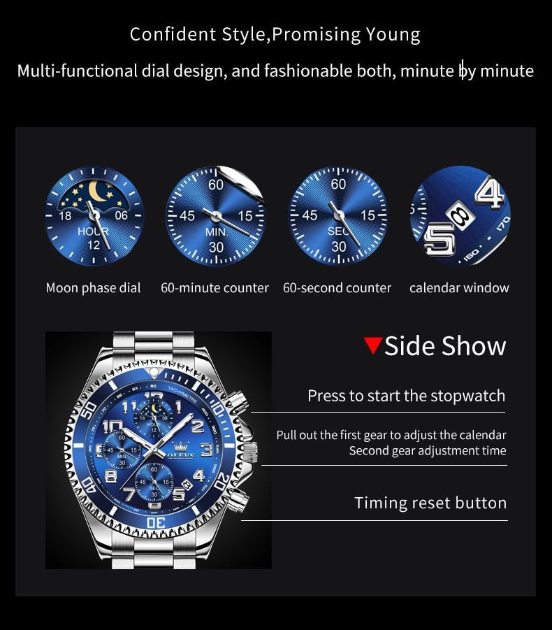 HOTOLEVS Watches for Men Stainless Steel Dress Men Watch with Date Big Face Chronograph Waterproof Luxury Fashion Watch Blue/Black/Gold/Green/Silver Face Relojes para Hombres