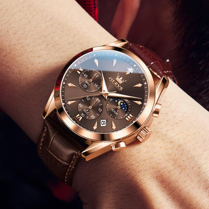 HOTOLEVS Men's Leather Analog Quartz Watch - Luxury Chronograph Wristwatch with Date, Waterproof, Luminous - Dress Style