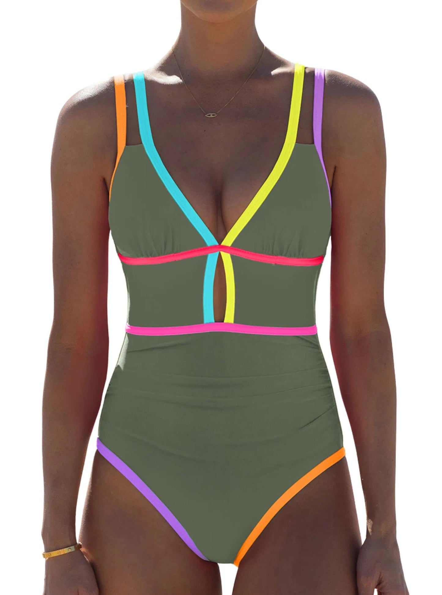 HOTpopvil Women One Piece Swimsuit 2026 Neon Tummy Control Bathing Suit | Tummy Ruched Design, Color Block, Cutout Design, Deep V Neck, Back tie,Adjustable Straps, Neon Trim,Vacation,Beach