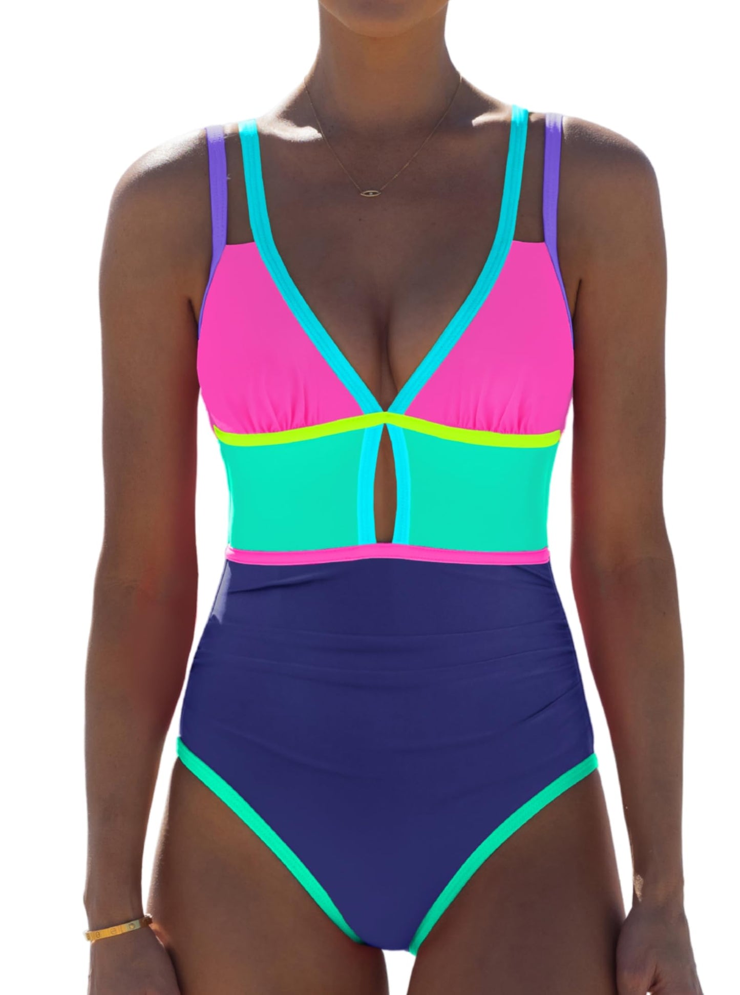 HOTpopvil Women One Piece Swimsuit 2026 Neon Tummy Control Bathing Suit | Tummy Ruched Design, Color Block, Cutout Design, Deep V Neck, Back tie,Adjustable Straps, Neon Trim,Vacation,Beach
