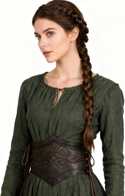 HOTL'VOW Women's Brown PU Leather Viking Renaissance Medieval Wide Cinch Corset Belt Adjustable Lace-Up