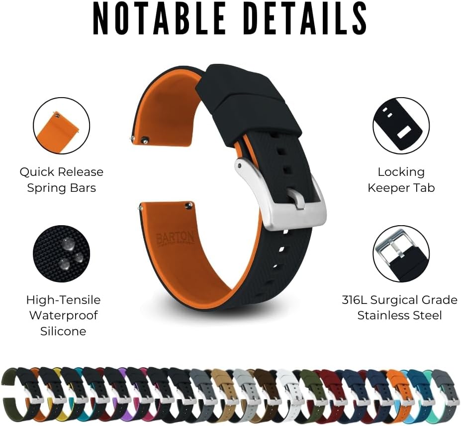 HOTBARTON Elite Silicone Watch Bands - Quick Release - Choose Strap Color & Buckle Color (Stainless Steel, Black PVD or Gunmetal Grey) - 18mm, 20mm, 22mm & 24mm Watch Straps