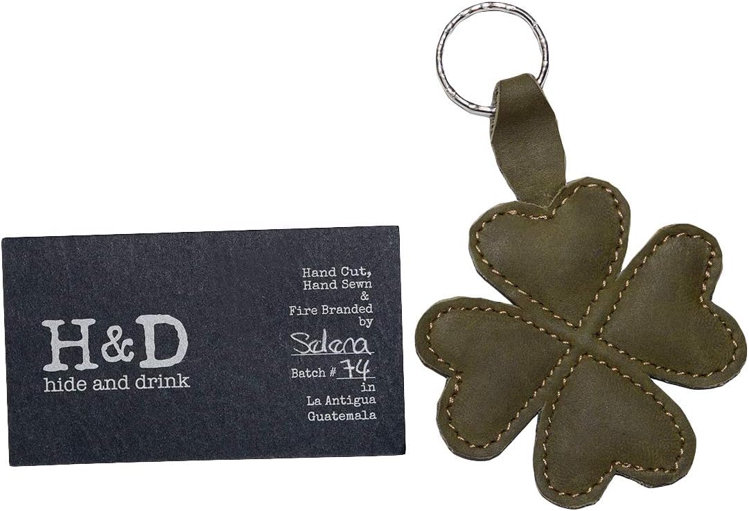 HOTHide & Drink, Lucky Clover Keychain, Good Luck Keyring, Four-Leaf, Key Organizer Holder, Full Grain Leather, Handmade, Peat Moss