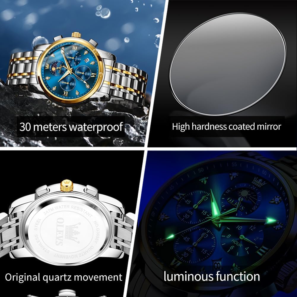 HOTOLEVS Watch for Men Diamond Business Dress Analog Quartz Stainless Steel Waterproof Luminous Date Two Tone Luxury Casual Wrist Watch Blue