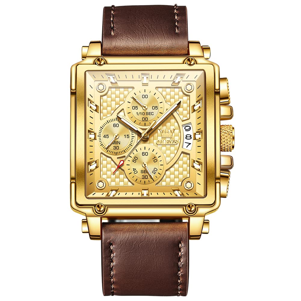 HOTOLEVS Men's Casual Leather Watch, Big Face Chronograph Watch for Men, Fashion Easy to Read Dress Watch, Men's Waterproof Luminous Date Analog Watch, Gold/Black/White/Blue Dial
