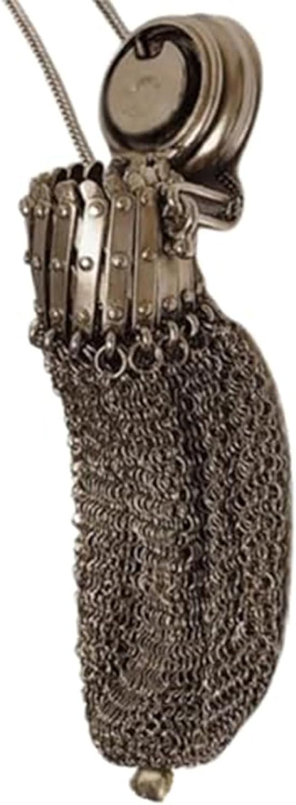HOTHandmade 1920's English Coin Purse,Vintage Victorian Metal Mesh Coin Bag with Twist Lid,Gate Top & Chian Double Mesh Antique Change Purse