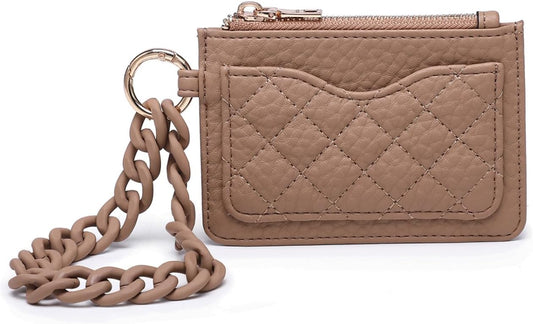 HOTJEN & CO. Rhodes RFID Blocking Wristlet Wallet for Women, Quilted Small Zip Card Holder with Acrylic Strap (Dark Khaki)