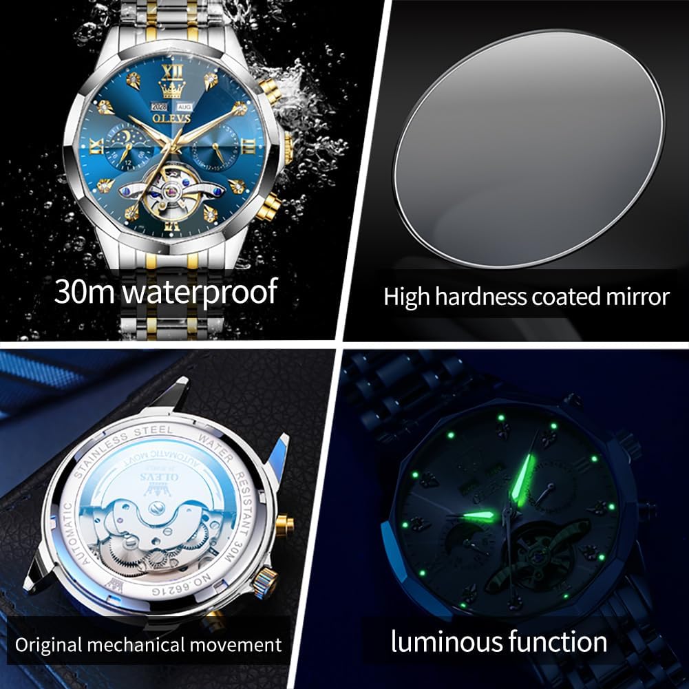 HOTOLEVS Skeleton Men Watches Automatic Business Luxury Diamond Self Winding Watch for Men Stainless Steel Calendar Wrist Watch