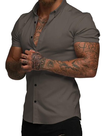 HOTJMIERR Men's Muscle Fit High Stretch Wrinkle-Free Button Down Dress Shirts Summer Casual Short Sleeve Shirt