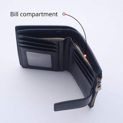 HOTBveyzi Small Leather Wallet for Women, RFID Bifold with ID Window | Holds 11 cards, a pull-out ID sleeve, zippered coin pocket & bill slot — fits crossbody bags and keeps everything organized