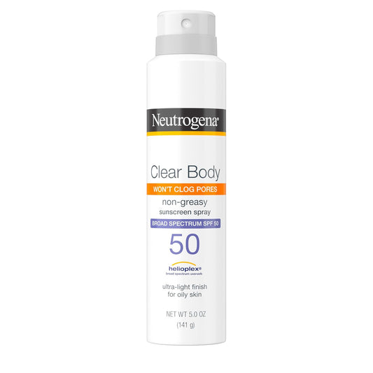 HOTNeutrogena Clear Body SPF 50 Sunscreen Spray, Broad Spectrum UVA/UVB Sun Protection, Water-Resistant, Non-Comedogenic, Lightweight Body Sunscreen with Vitamin E & Niacinamide for Skin Care, 5 oz