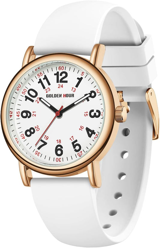HOTGOLDEN HOUR Waterproof Nurse Watch for Medical Professionals, Students Women Men - Military Time Luminouse Easy Read Dial, 24 Hour with Second Hand, Colorful Silicone Band