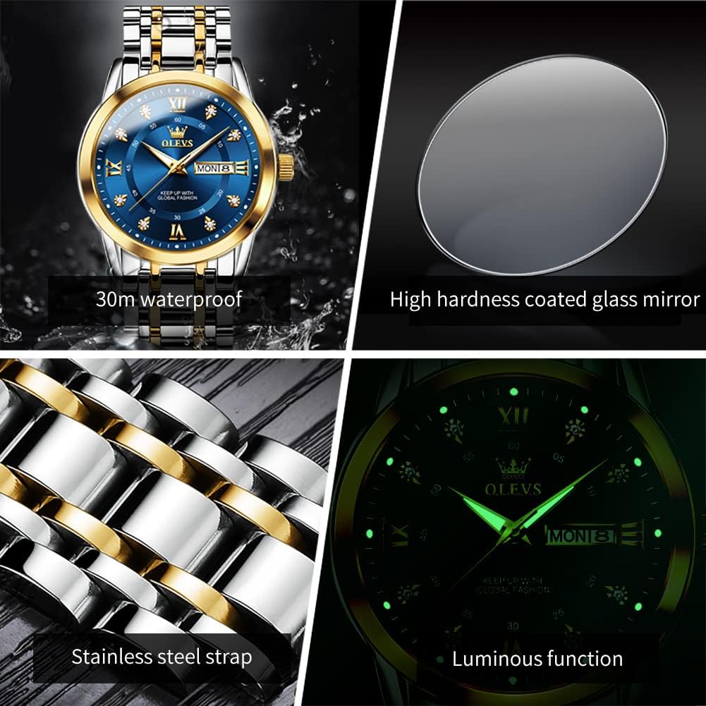 HOTOLEVS Men Watch Blue Gold Analog Quartz Stainless Steel Waterproof Luminous Date Luxury Casual Watch