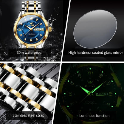 HOTOLEVS Men Watch Blue Gold Analog Quartz Stainless Steel Waterproof Luminous Date Luxury Casual Watch