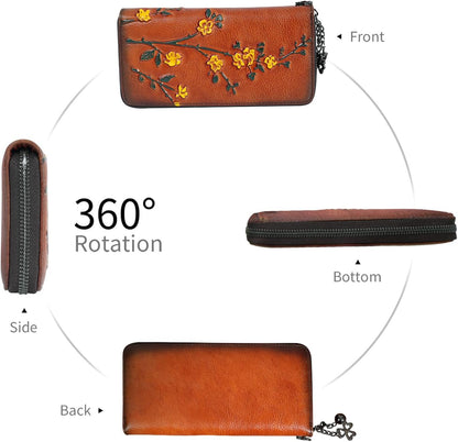 HOTWallet Genuine Leather for Women - with RFID Blocking Card checkbook ID Slot Large Capacity Vintage style (flower brown)