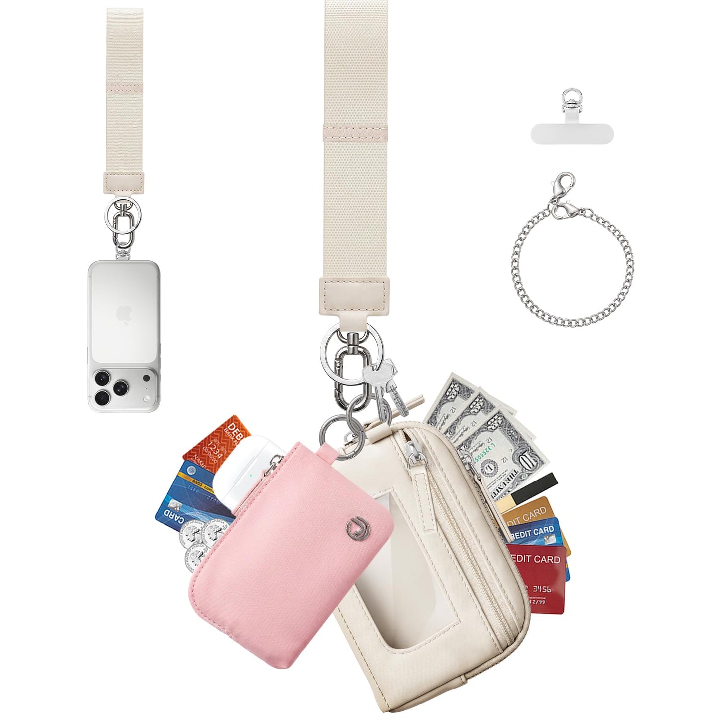 HOTDual Pouch Wristlet Keychain Wallet for Women, Coin Purse with RFID Blocking, Nylon Phone Wallet & Card Holder