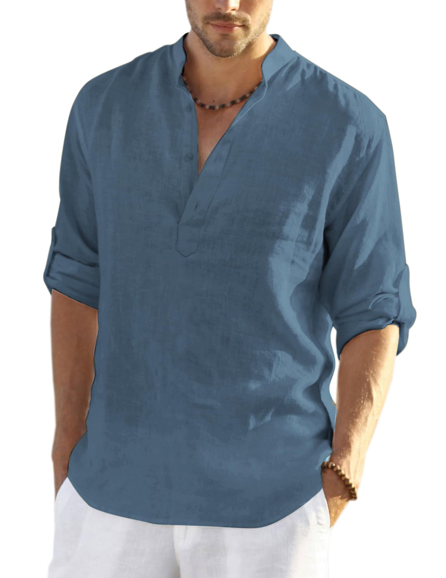 HOTCOOFANDY Men's Cotton Linen Henley T-Shirt Long Sleeve Hippie Casual Beach T-Shirts