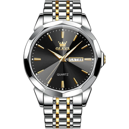 HOTOLEVS Watch for Men Diamond Business Dress Analog Quartz Stainless Steel Waterproof Luminous Date Two Tone Luxury Casual Wrist Watch Blue