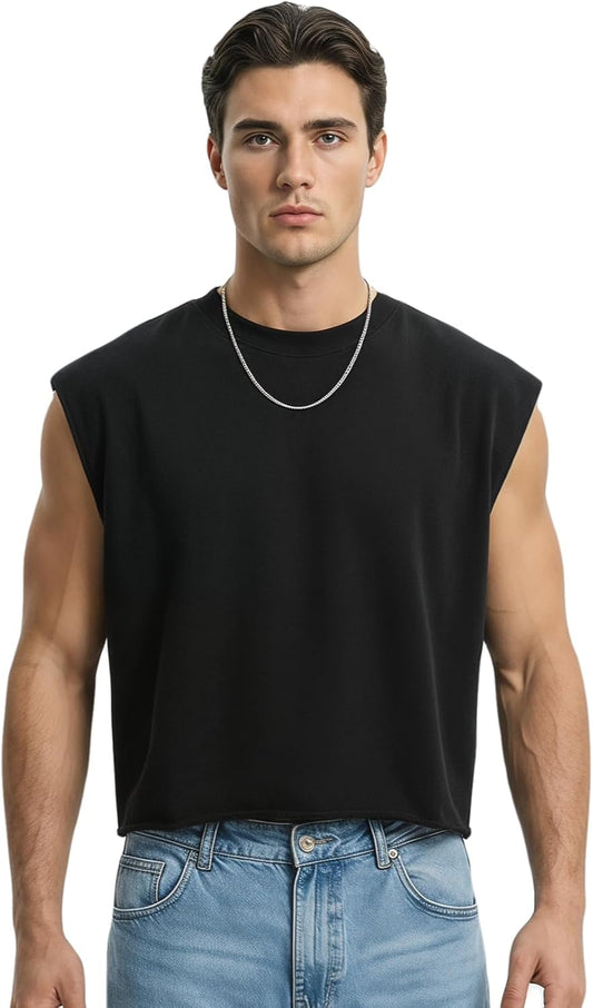 HOTMen's Cropped Tank Top Boxy Oversized for Bigger Frames, 320GSM Heavyweight French Terry Sleeveless Tee Raw Hem Streetwear