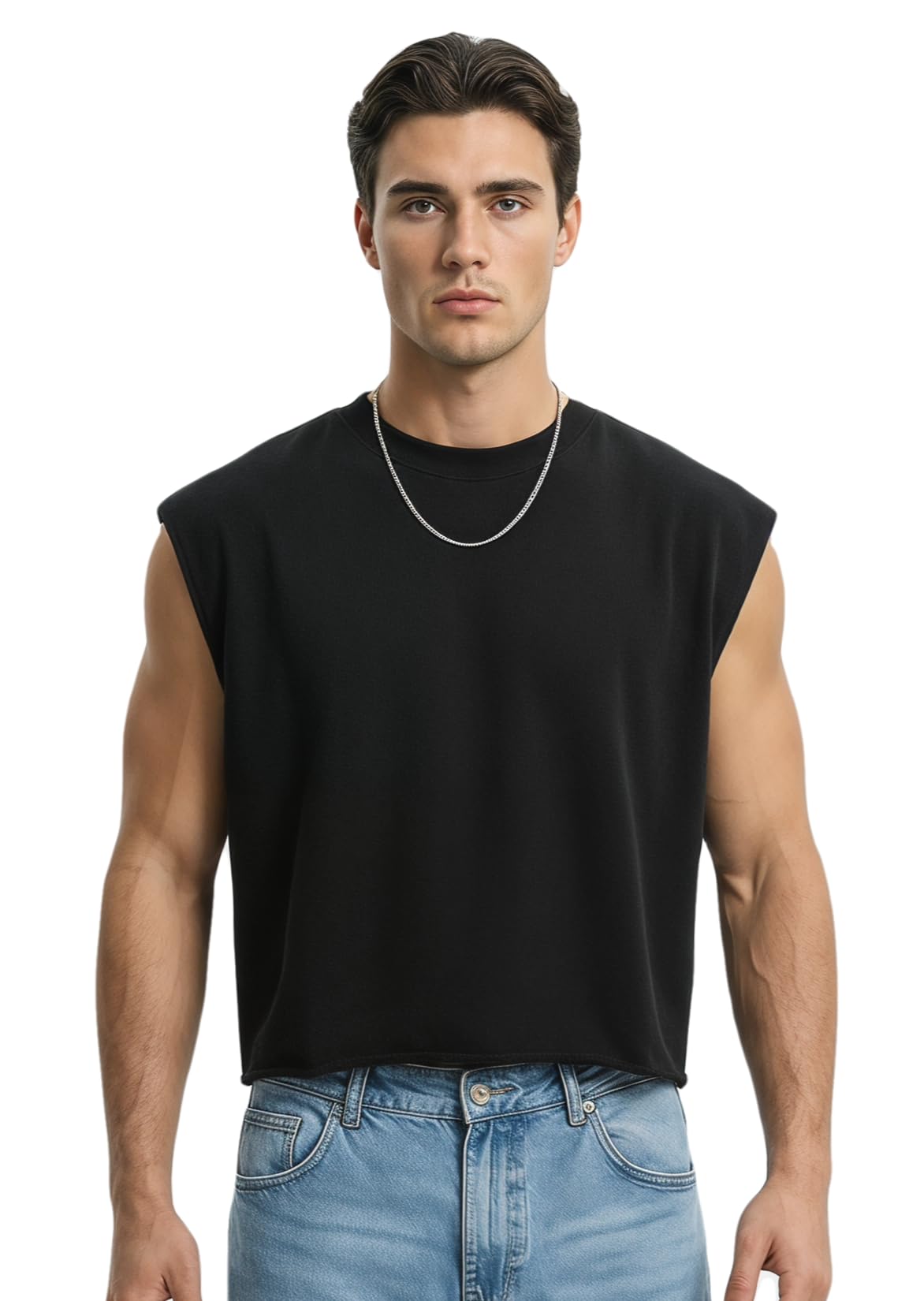 HOTMen's Cropped Tank Top Boxy Oversized for Bigger Frames, 320GSM Heavyweight French Terry Sleeveless Tee Raw Hem Streetwear