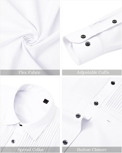 HOTJ.VER Men's Tuxedo Shirt Formal Dress Shirt Pleated Long Sleeve Button Down Shirts for Prom Party Wedding